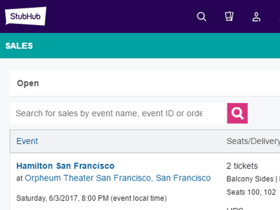 Screenshot of Stubhub sales page
